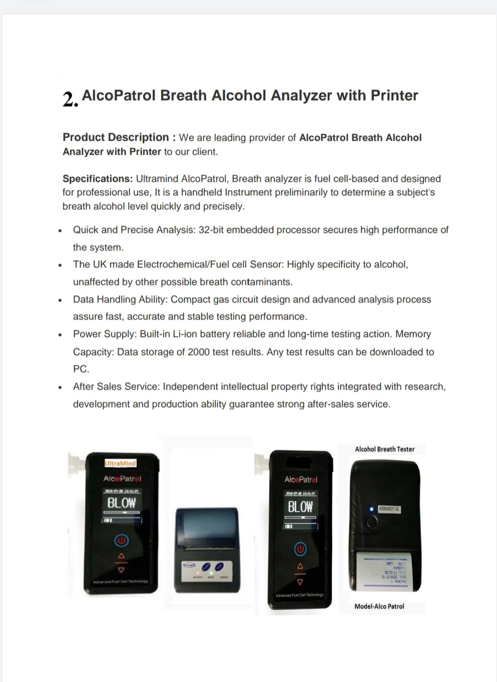Breath Analyzer with Printer Model Alcopatrol