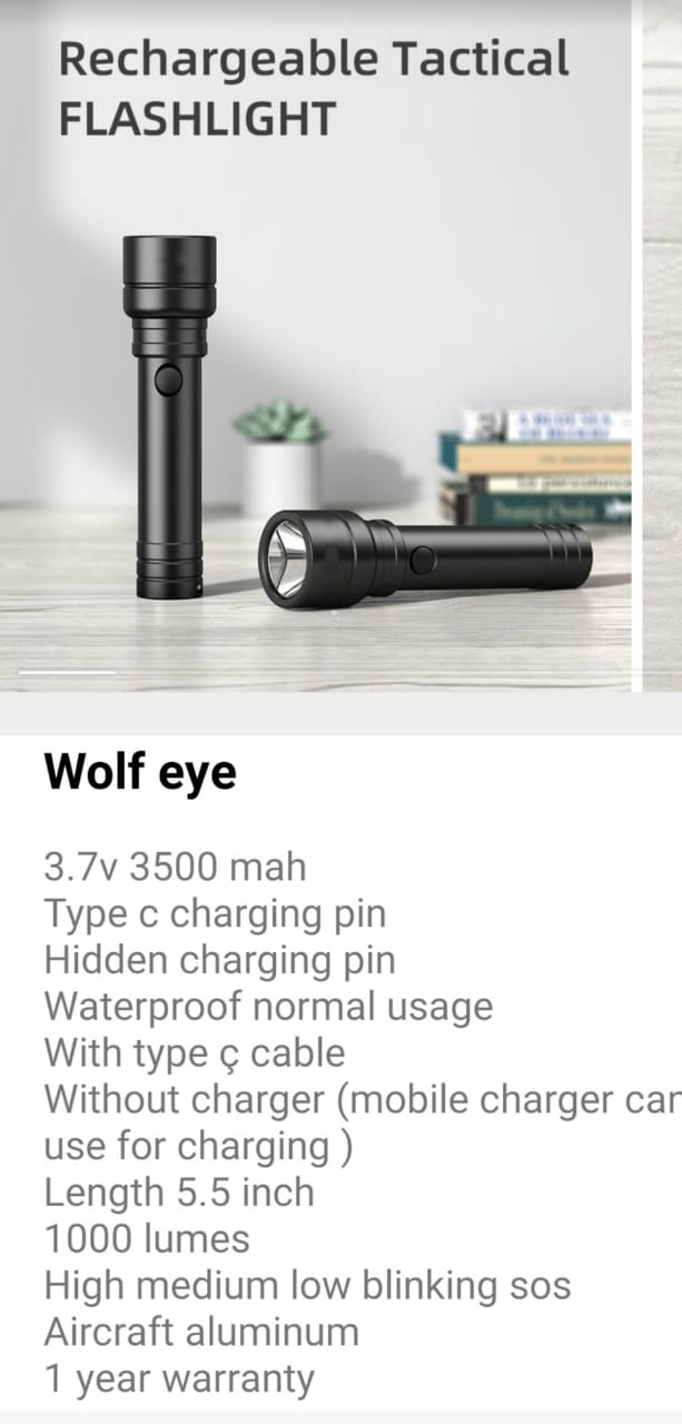 Rechargable Flashlight WOLF EYE 1000 Lumens