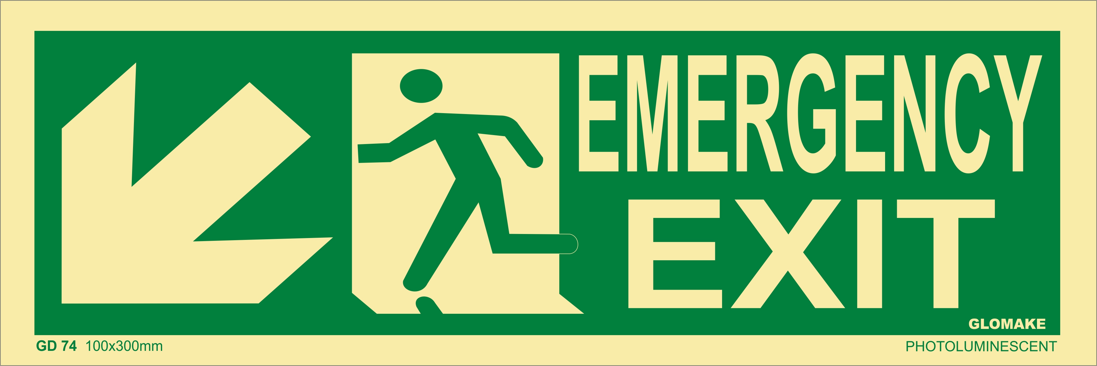 KTI Photo Luminescent Downward Left Corner Arrow Emergency Exit Man Left Arrow Signage Size 100 x 300