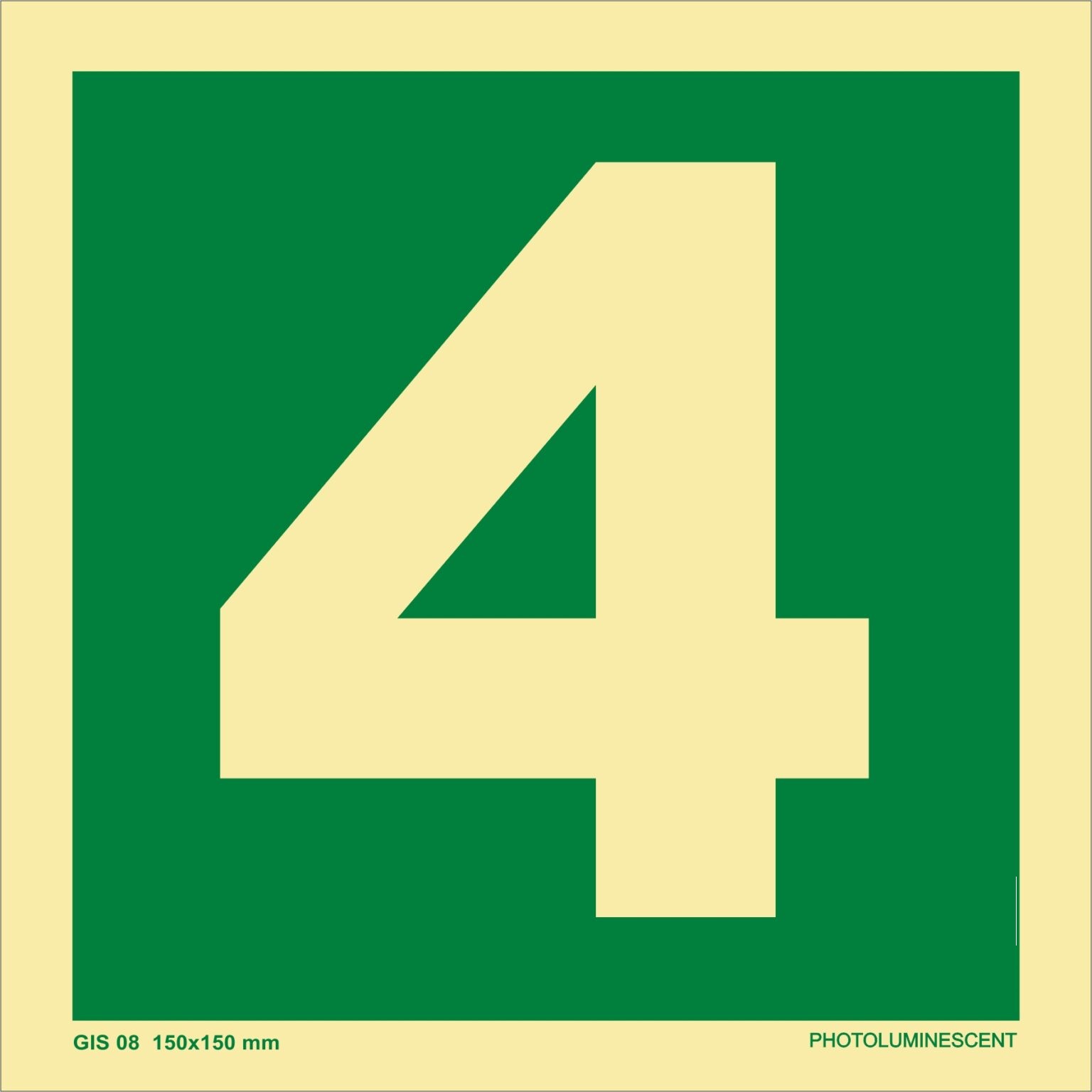 KTI Photo Luminescent Numeric 4 Signage 150X150mm